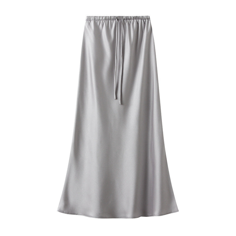 Imitation Acetate Amoi Elastic Waist Drawstring Silky Slimming Fishtail Black Pink Satin Skirt