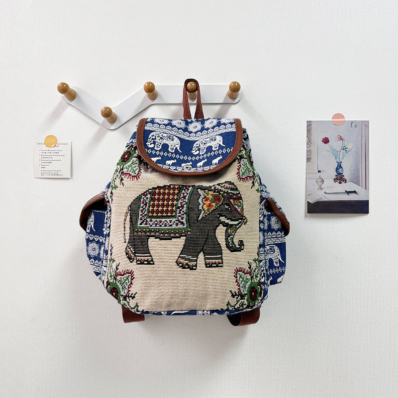 Retro Ethnic Drawstring Backpack – Elephant Embroidery Flap Closure, Bohemian Travel Daypack