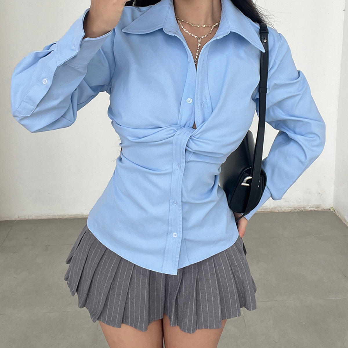 Autumn Flanging V neck Knot Pleated Slim Fit Blue Shirt Design Breasted Waist Controlled Slimming Long Sleeve Shirt Women