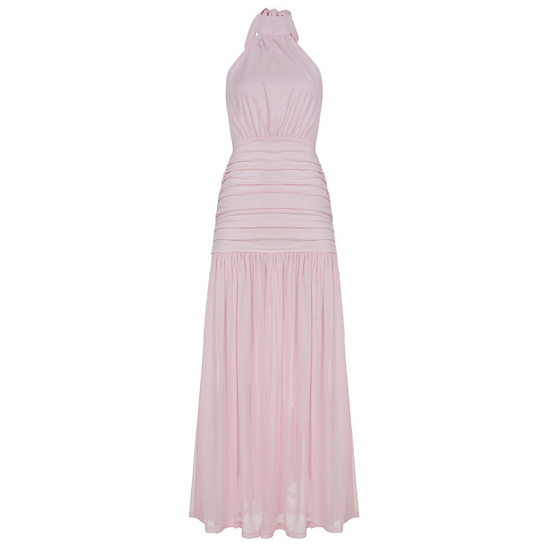 Vacation Dress Mesh Sexy Sheath Women Halter Sleeveless Elegant Elegant Dress
