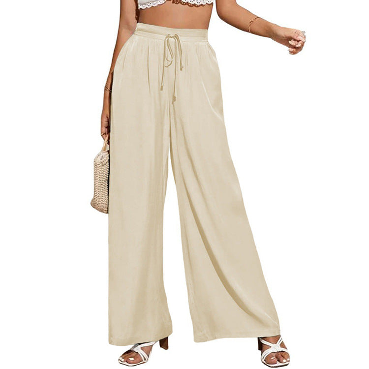 Summer Women High Waist Casual Trousers Solid Color Elastic Waist Lace-up Loose Wide-Leg Pants Women