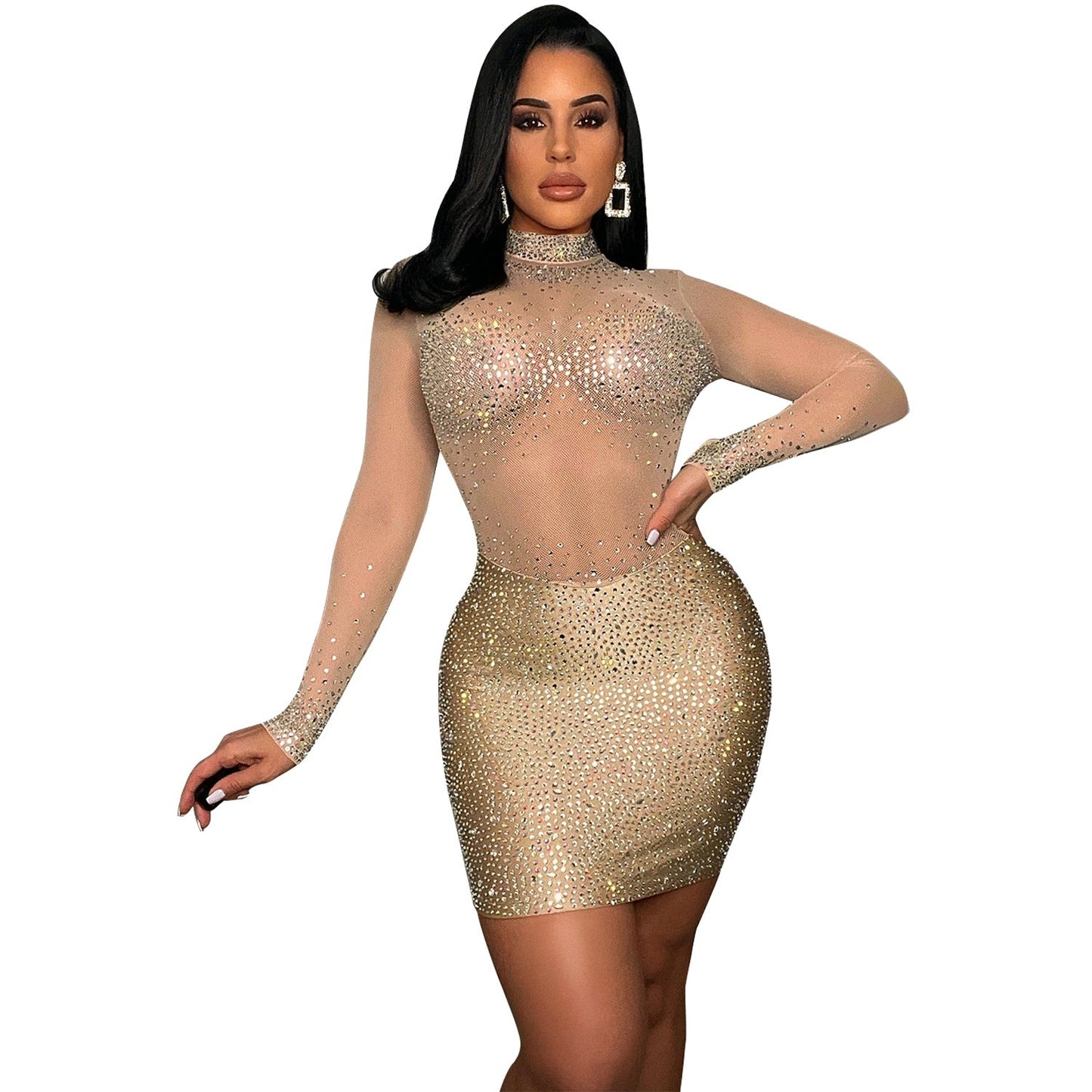 Autumn Women Clothing Sexy Mesh Long Sleeve Rhinestone Dress Women