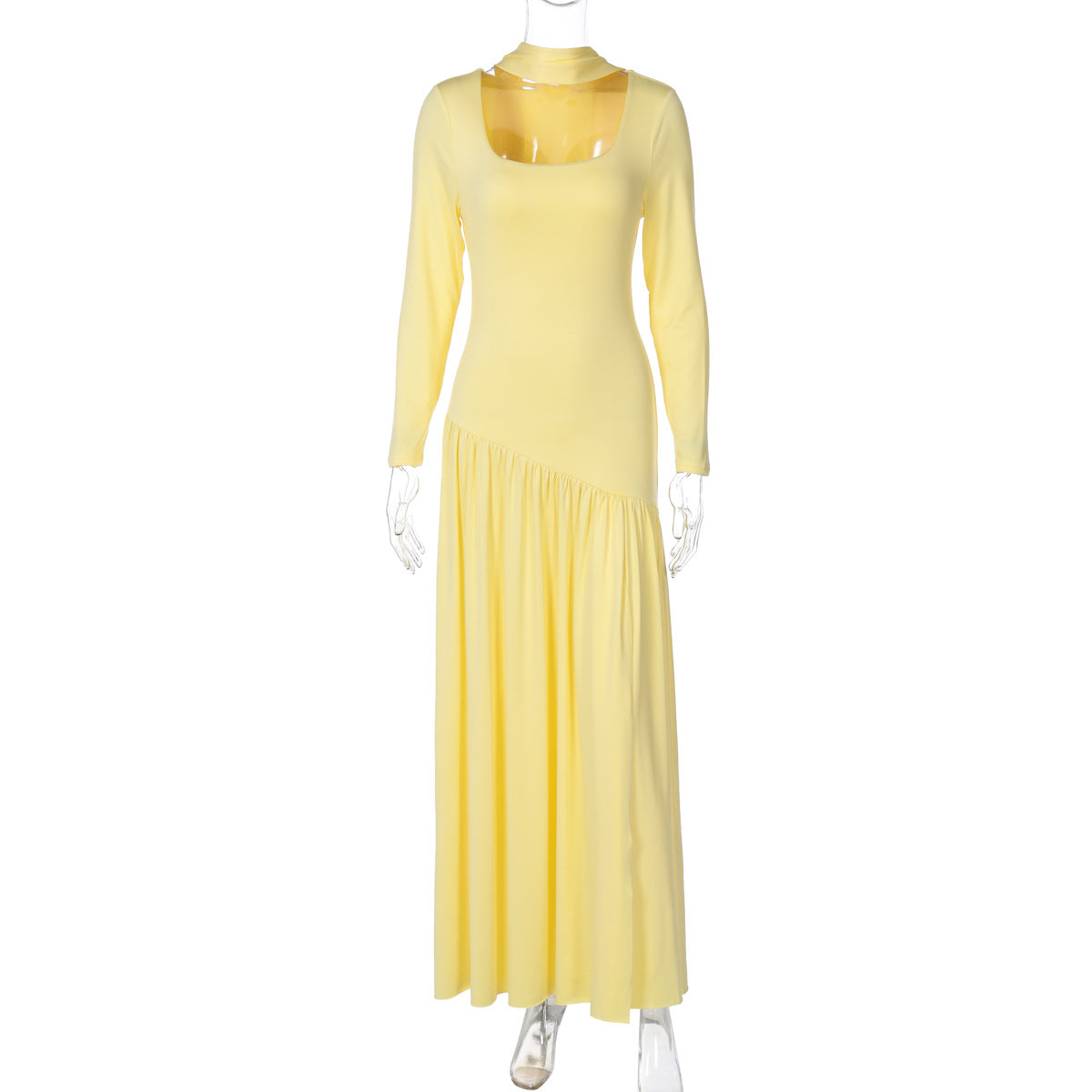 Women Clothing Autumn Sexy Contrast Color U Collar Solid Color Split Long Sleeve Dress