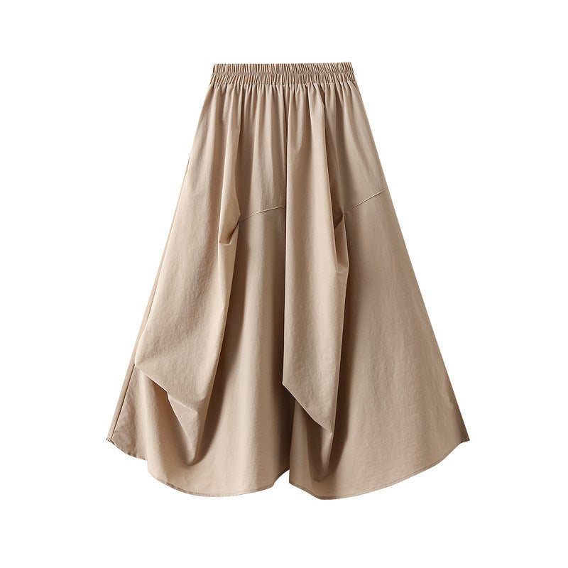 Irregular Asymmetric Pleated Mid Length Umbrella Skirt High Waist Elastic Waist Skirt Spring Summer Skirt