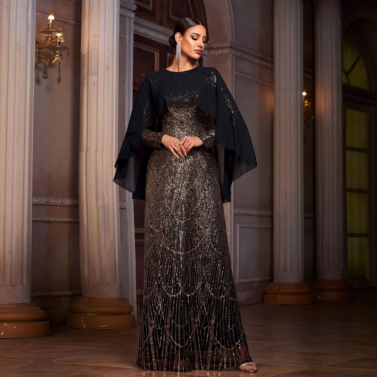 Women Clothing High Grade Long Sleeved round Neck Shawl Cocktail Sequined A Swing Evening Dress Women
