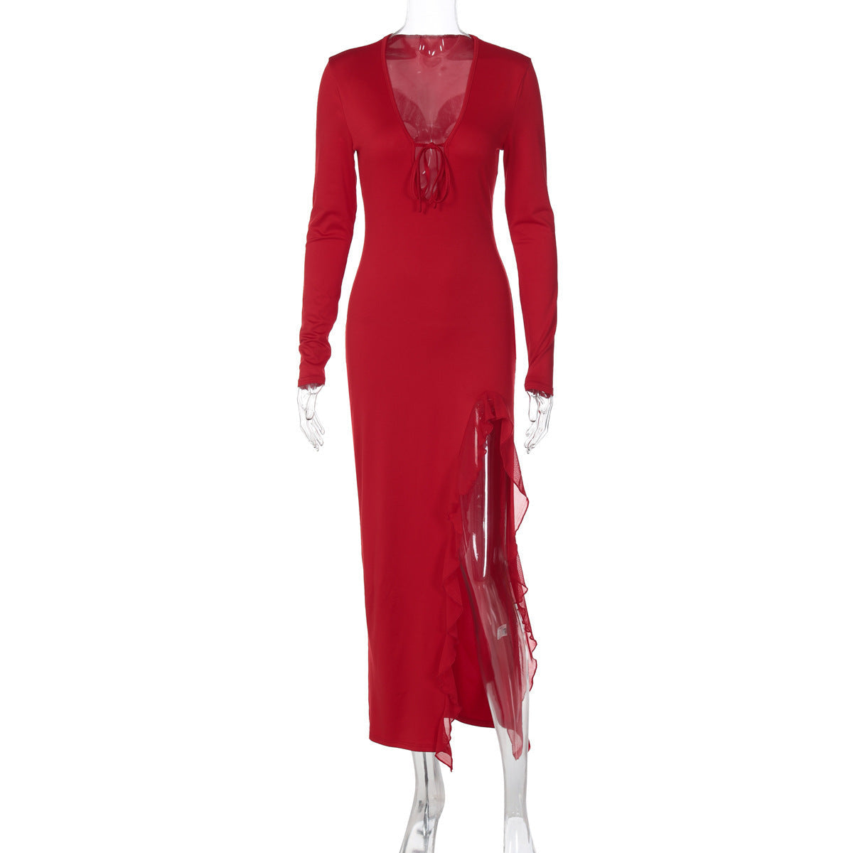 Women Clothing Summer Sexy U Collar Lace up Side Slit Lace up Slim Fit Long Sleeved Dress