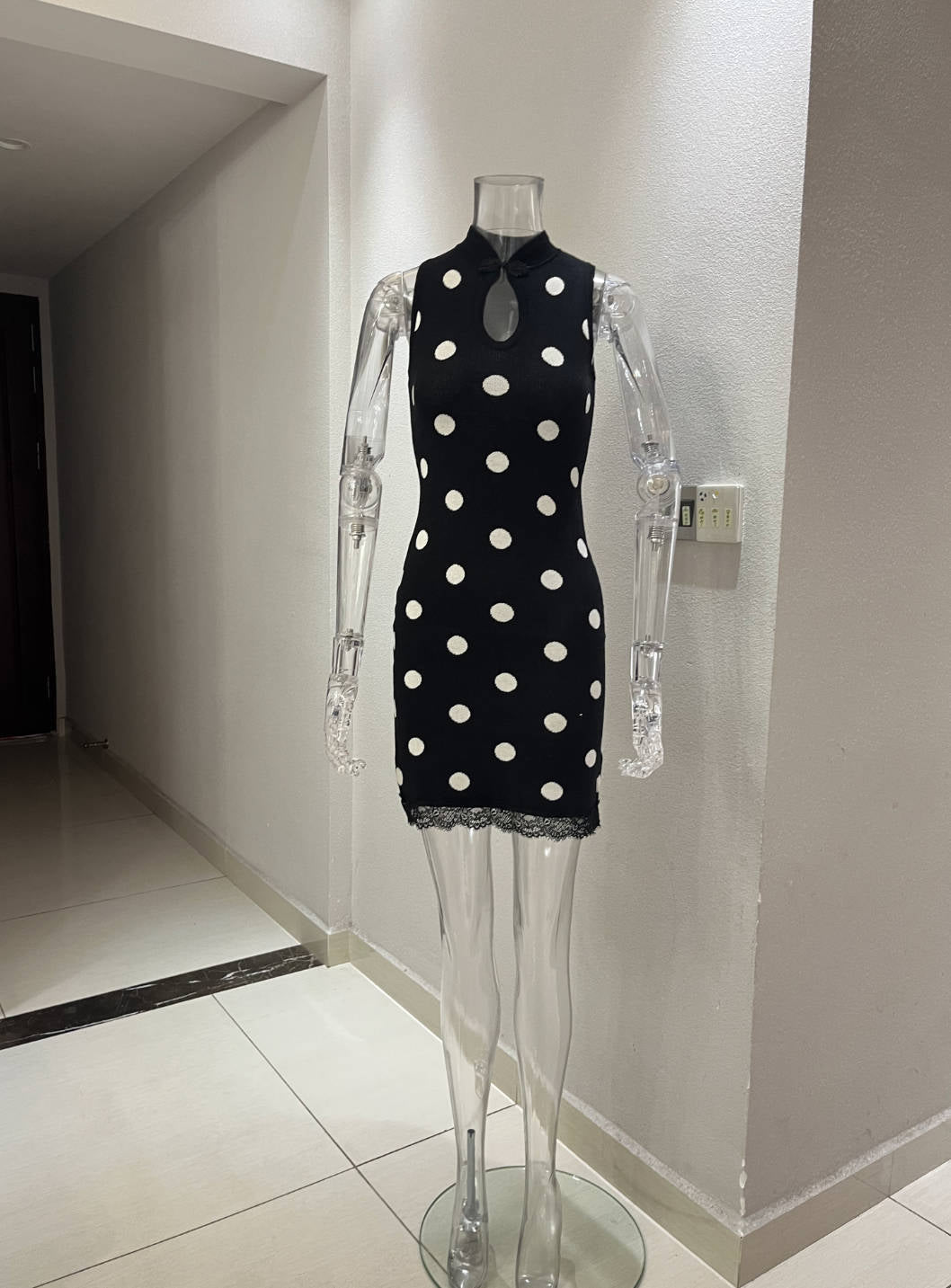 Summer Mid Polka Dot Contrast Color Lace Stitching Dress Stand Collar Sleeveless Sexy Casual Shaped Short Dress Women