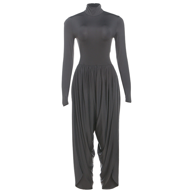 Fall Women Clothing Slim Fitting Cool Turtleneck Solid Color Long Sleeve Pleated High Waist One Piece Trousers Women