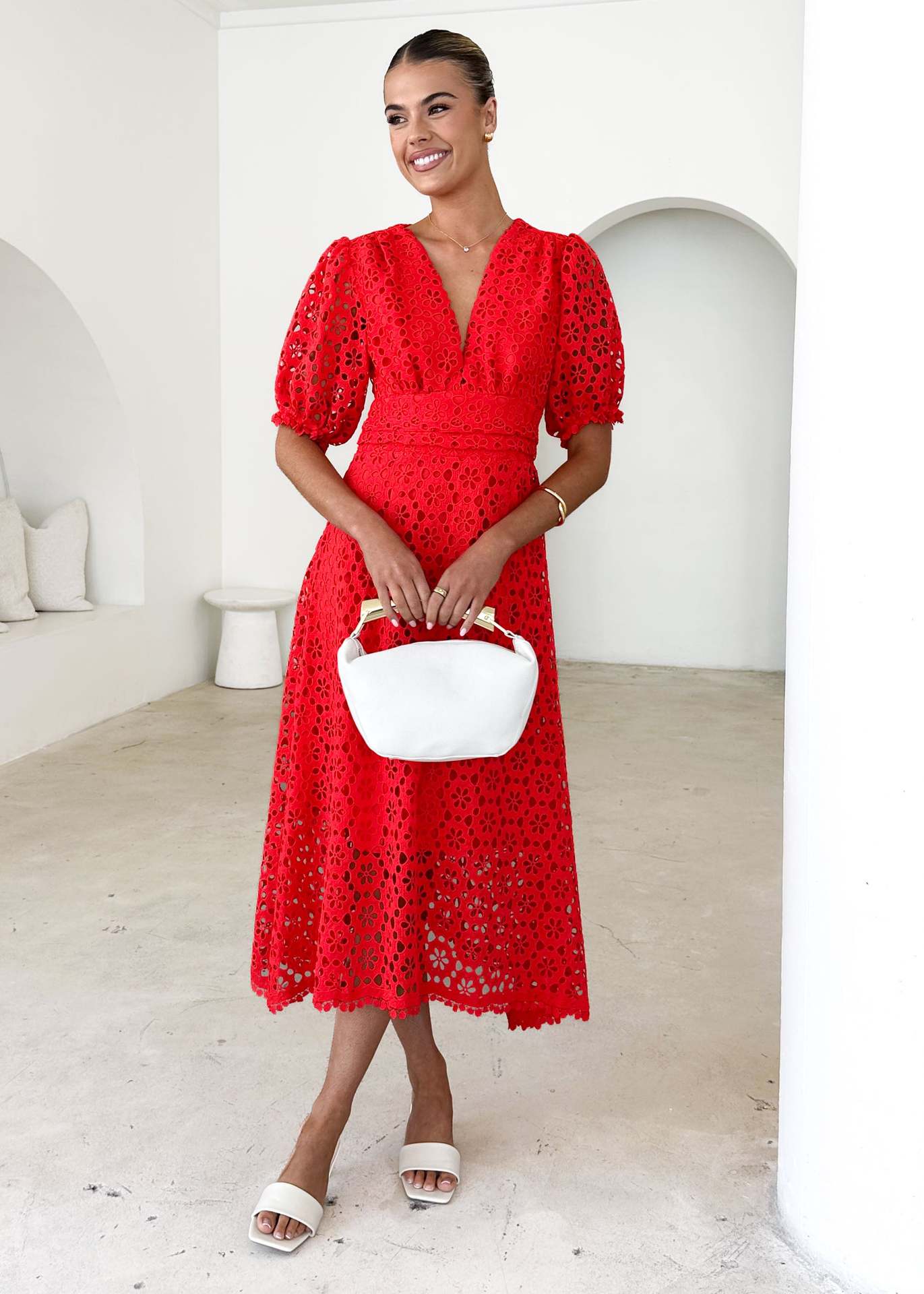 Dress skirt V-neck sexy waist solid color lace hollow dress dress