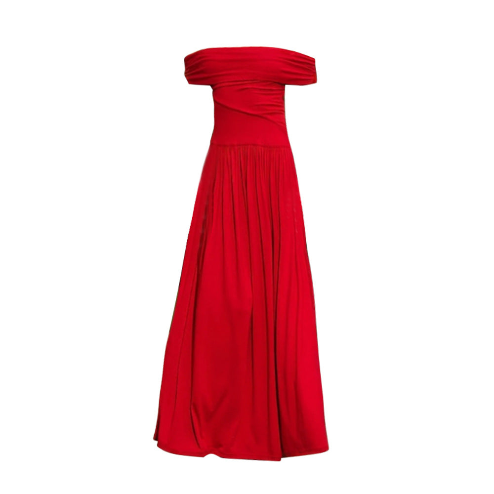 Spring Summer Women Clothing Socialite Bright Red Dress off Neck Cocktail Dress
