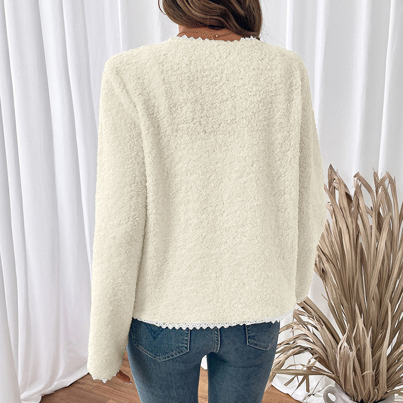 Women Clothing Lace V neck Jacket Coat Classic Autumn Winter Long Sleeve Cardigan Top