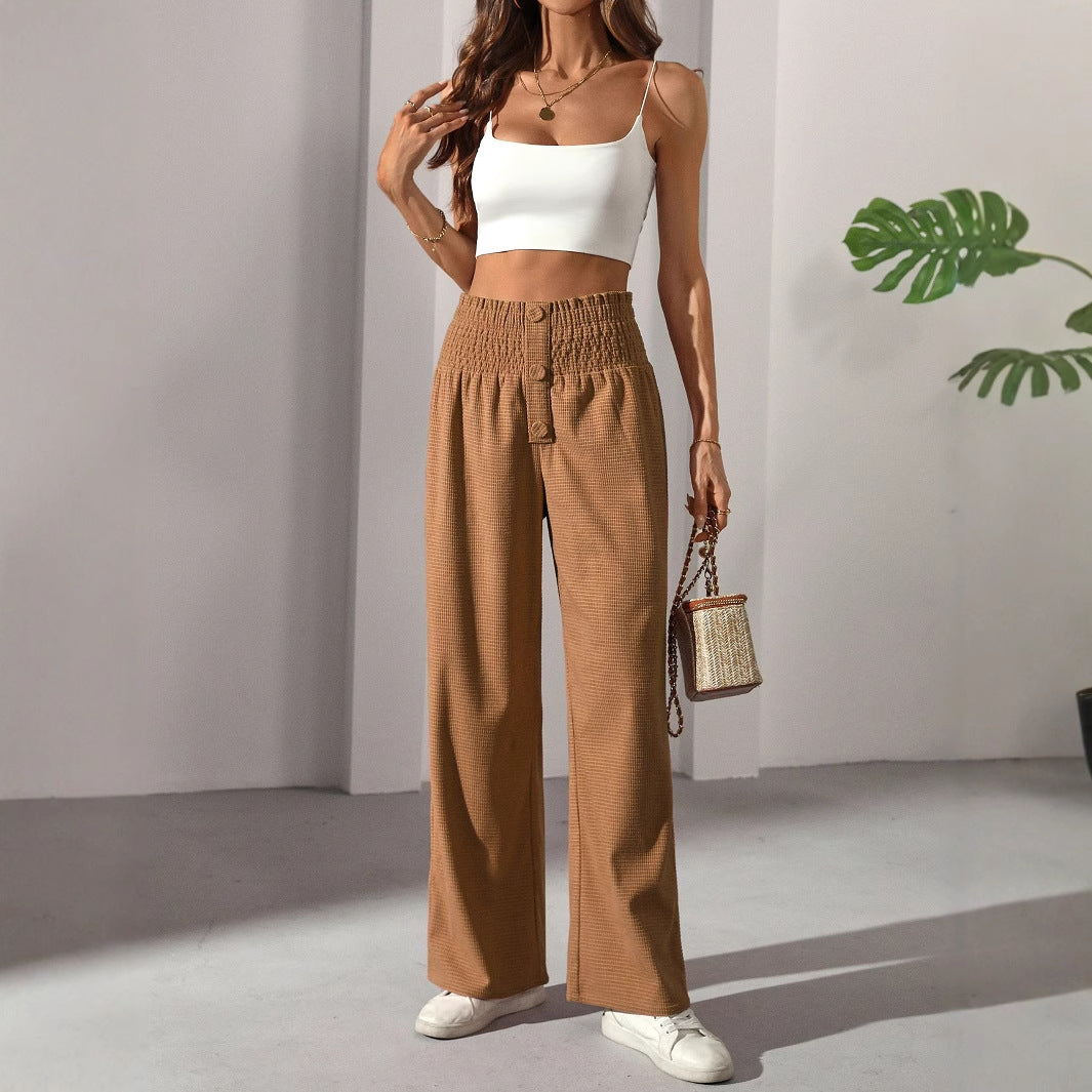 Early Autumn All Match Solid Color High Waist Wooden Ear Waist Straight Casual Elegant French Women Trousers