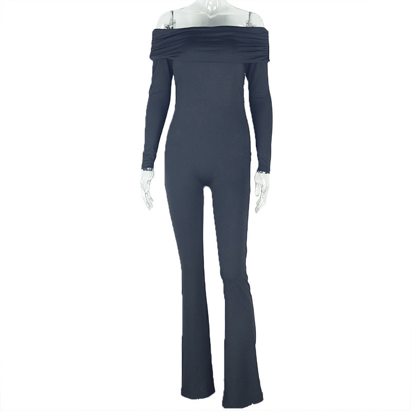Solid Color Women Clothing Comfort Casual Solid Color Pleated Long Conjoined Trousers Raglan Long Sleeve Tube Top Jumpsuit