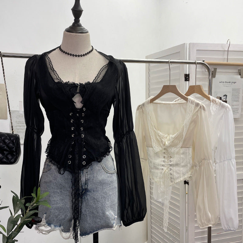 Real Shot French Royal Lace up Waist Controlled Boning Corset Shirt Lace Small Shirt Back Waist Smocking Short Top