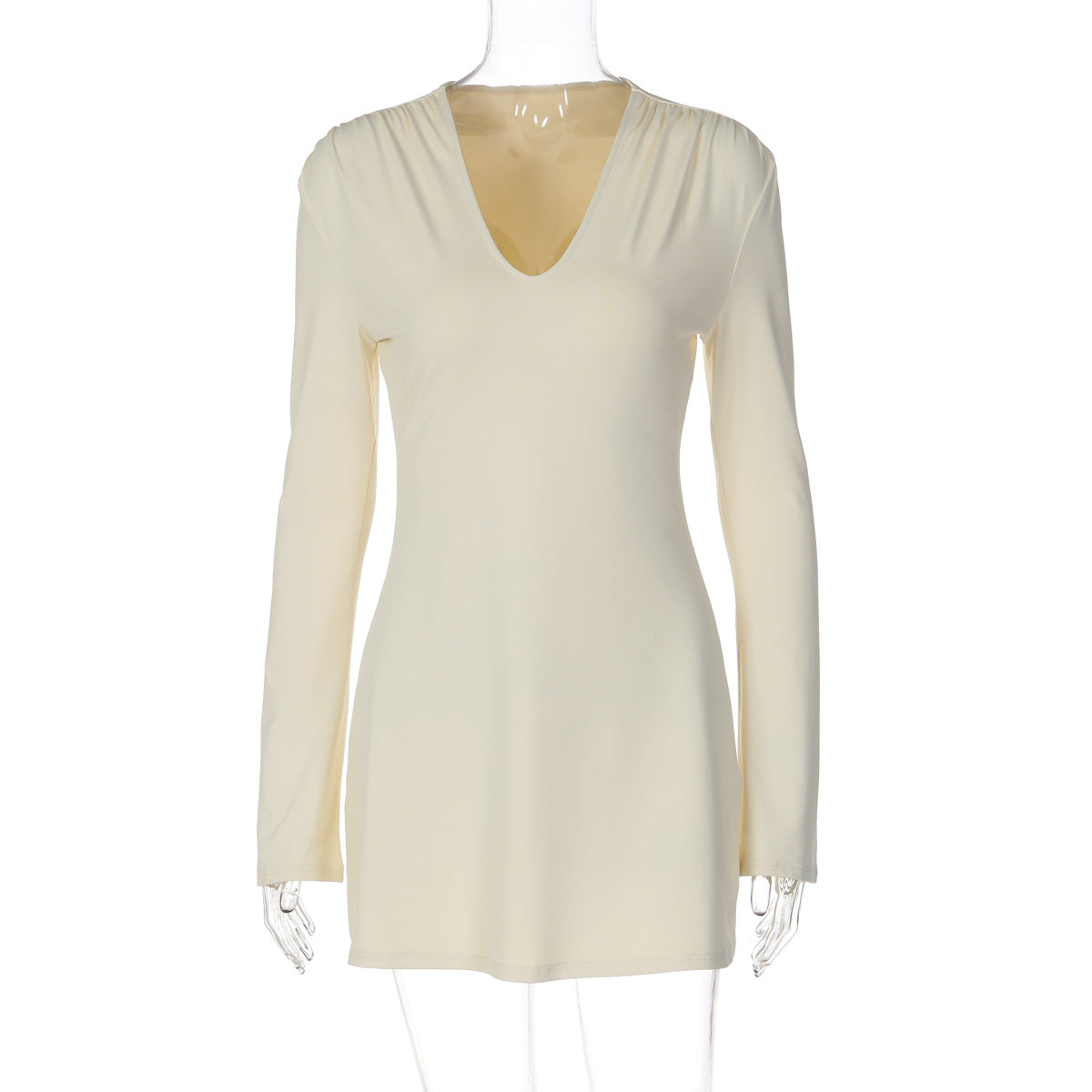 Women Clothing Summer V neck Solid Color Slim Fit Sheath Long Sleeved Dress Women