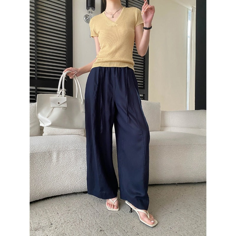Summer Air Feeling Lazy Relaxed Feeling Drawstring Elastic High Waist Loose Wide Legs Casual Pants