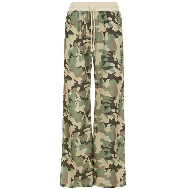 Casual Contrast Color Cinched Hoodie Long Sleeve Sweatshirt Sweatpants Two Piece Camouflage Cardigan Coat Trousers Sets