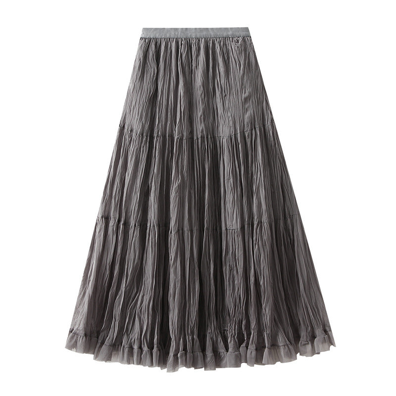 French Mid Length Pleated Mesh Skirt Autumn A line High Waist Fairy Large Swing Skirt for Women