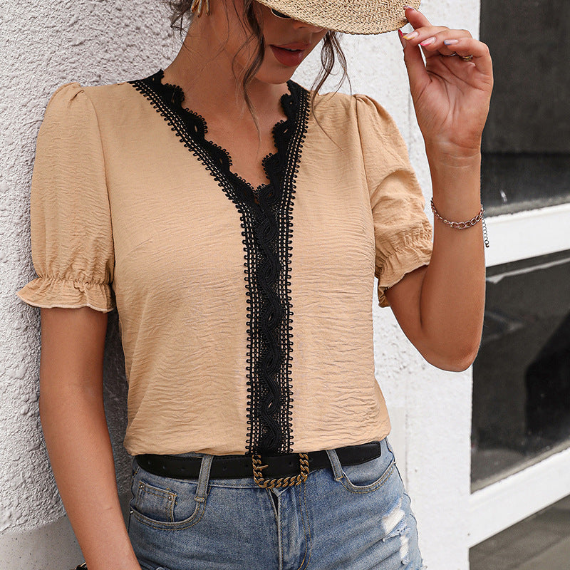 Lace V Neck Patchwork Top Puff Sleeve Pullover Shirt Top