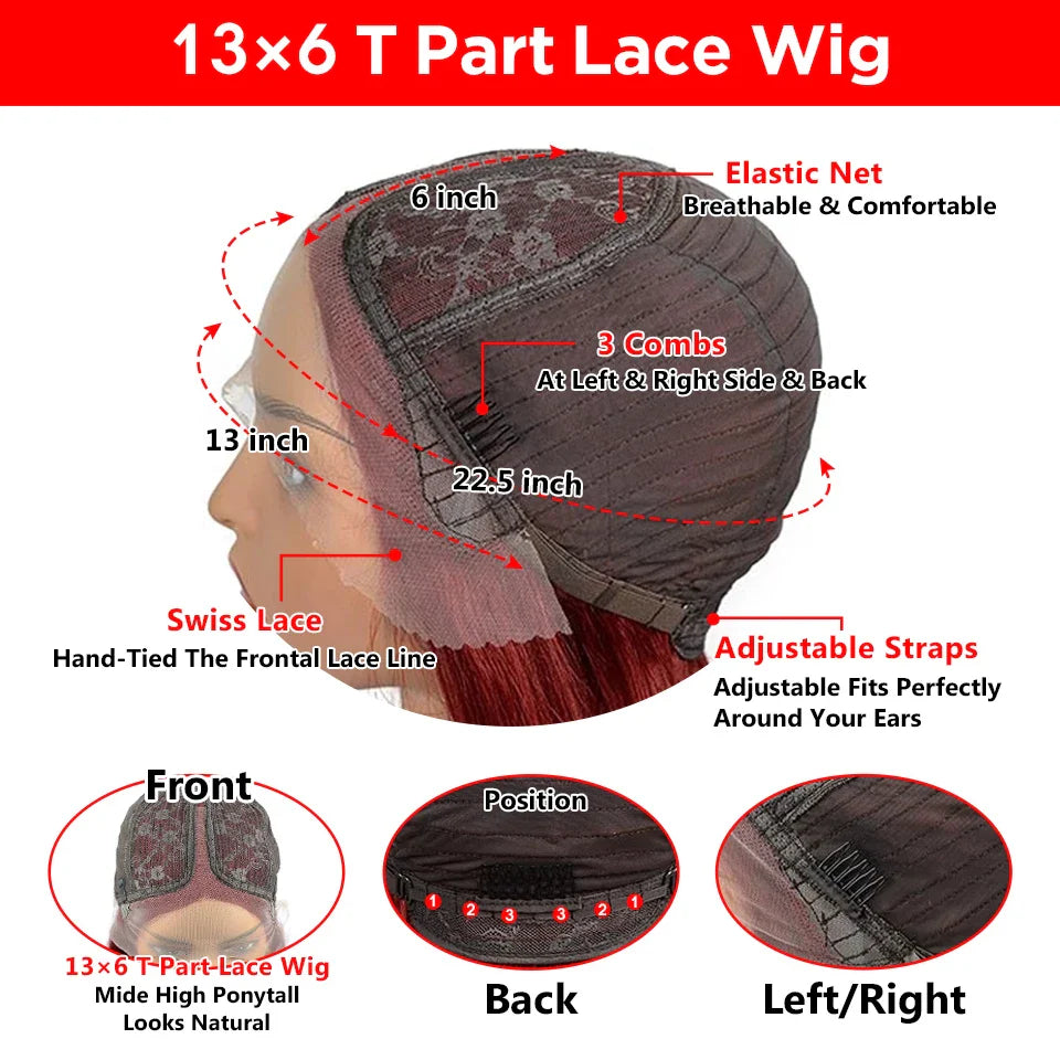 Burgundy HD Transparent Short Bob Wig | 99J Red Straight | 13x6x1 Lace Front Wig | Brazilian Remy Hair | Pre-Plucked