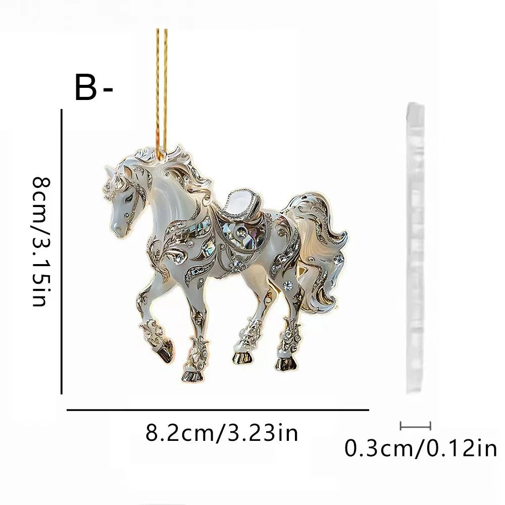 2D Acrylic Horse Car Rearview Mirror Pendant Charm Christmas Tree Ornament Party New Year Hanging Decoration