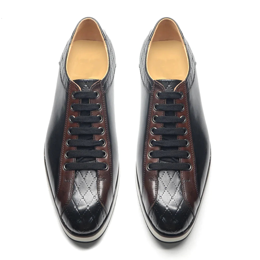 Europe 2024 Fall Luxury Men's Genuine Leather Plaid Casual Shoes | Black & Dark Brown Business Sneakers (Height Increasing)