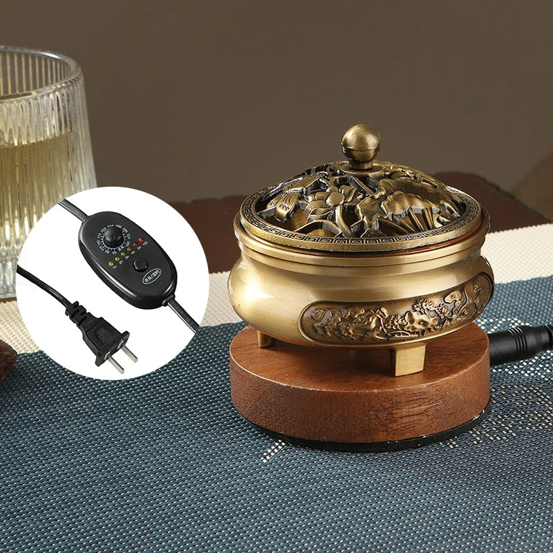 220V Electronic Incense Burner Bronze Essential Oil Burner Timing Adjustable Temperature Sandalwood Agarwood Incense Burner