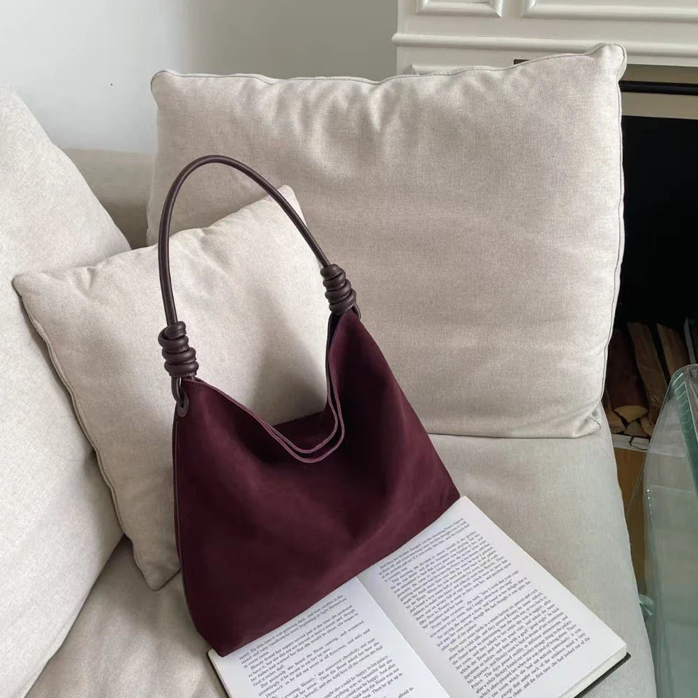 All-Match Chamois Matte Suede Cowhide Leather Tote | Large Capacity Designer Maillard Dressing Coffee Winter Ladies Handbag