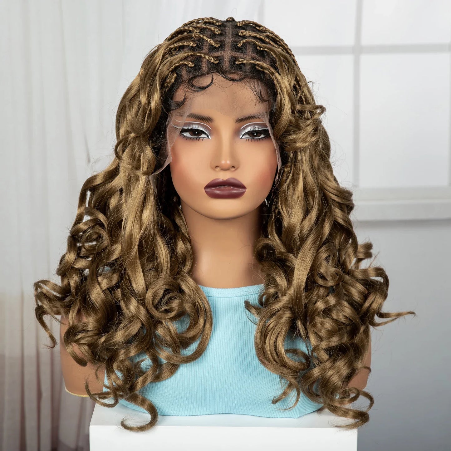 18" #27 Ombre Bouncy Wavy Braided Wig with Bangs | Knotless Box Braids | Full Lace Synthetic Wig with Baby Hair