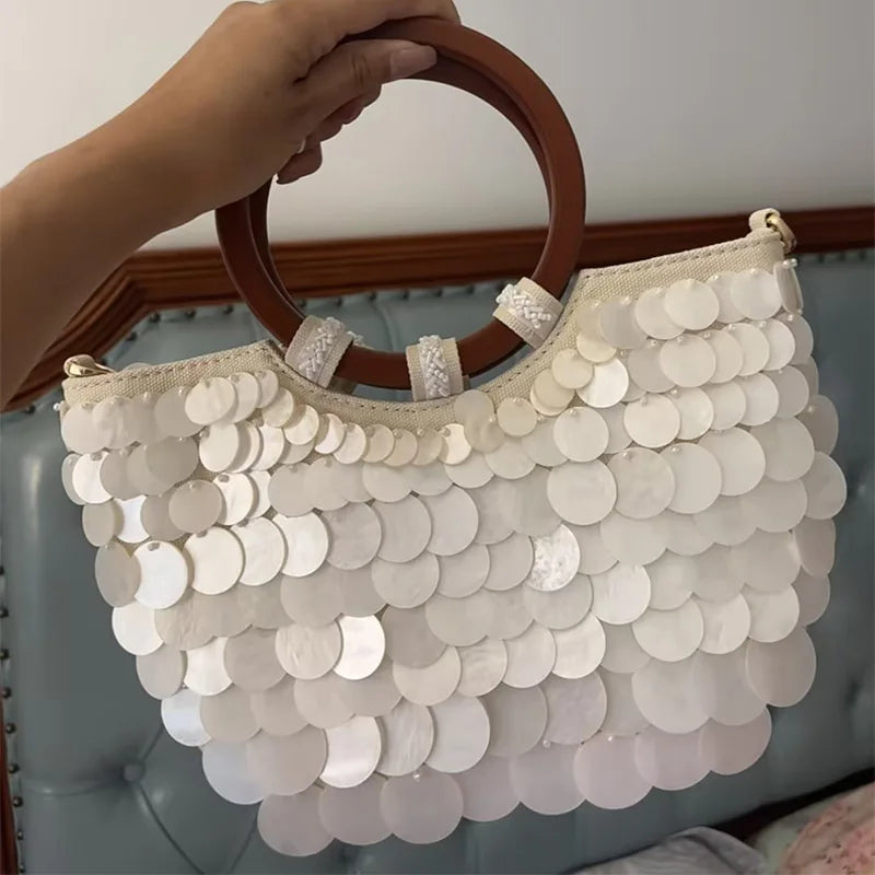 Fashion High-End Shell Bag | Niche Design Pearl Inlay Half-Moon Bag & Handmade Shell Beaded Handbag (New Versatile Crossbody)