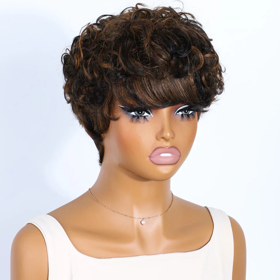Pixie Short Cut Wavy Curly Human Hair Wig | Brazilian Remy Machine Made Wig for Women