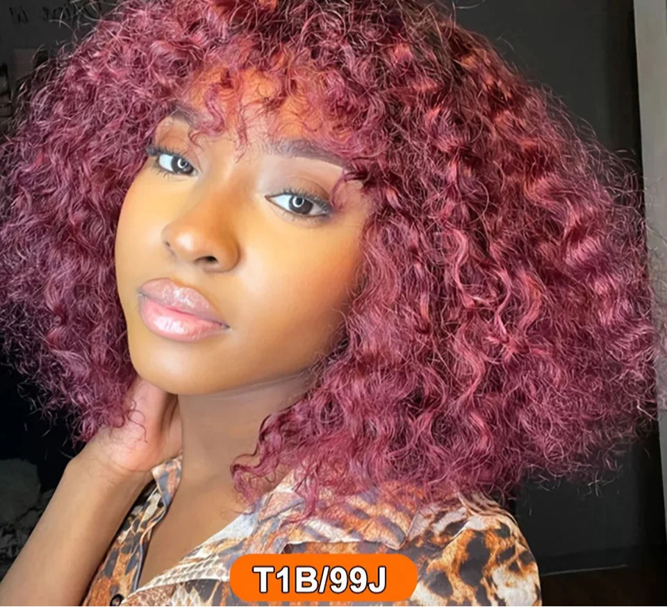 Brazilian Jerry Curly Human Hair Bob Wig with Bangs | Natural Highlight Honey Water Wave Kinky Curly Wigs for Women