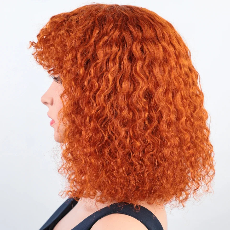 Ginger Jerry Curly Pixie Bob Wig | Honey Blonde Orange Remy Human Hair with Bangs