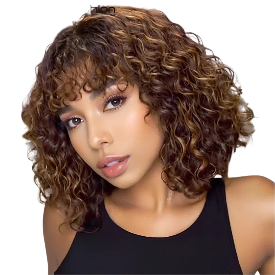 Jerry Curly Short Pixie Bob Wig with Bangs | Full Machine Made Remy Human Hair for Black Women