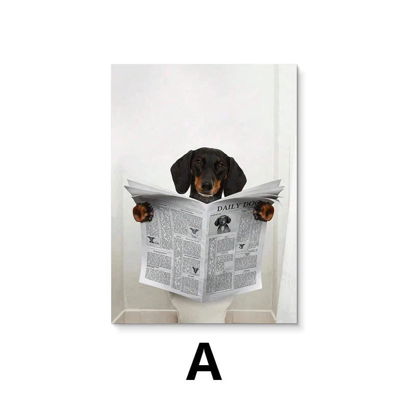 Modern Simple Animal Wall Art Dachshund Toilet Reading Newspaper Canvas Printed Poster Home Bathroom Bedroom Decoration