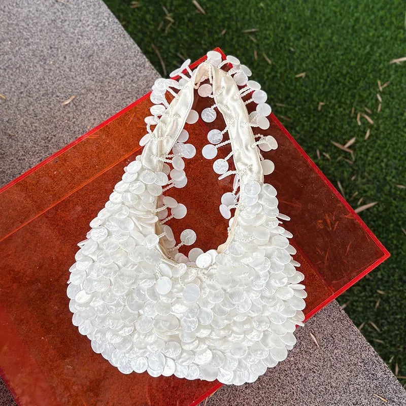 Designer Women's Pearlescent Inlay Half Moon Crossbody Bag | Exquisite Shell Beaded Handbag with Sequin & Wooden Handle Tote