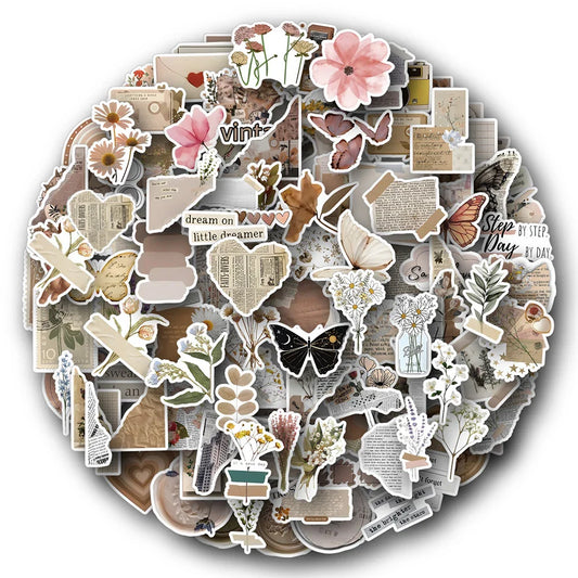 10/30/60/120PCS Retro Art Flower Butterfly Aesthetic Stickers Vintage Decal Laptop Phone Luggage Scrapbook Car Graffiti Sticker