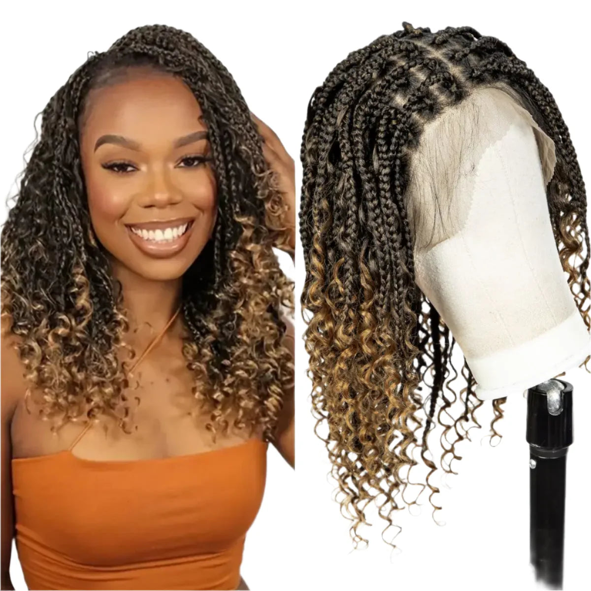 Knotless Box Boho Braided Wig with Curly Ends | Short Bob Style | Full Lace Synthetic Wig for Black Women