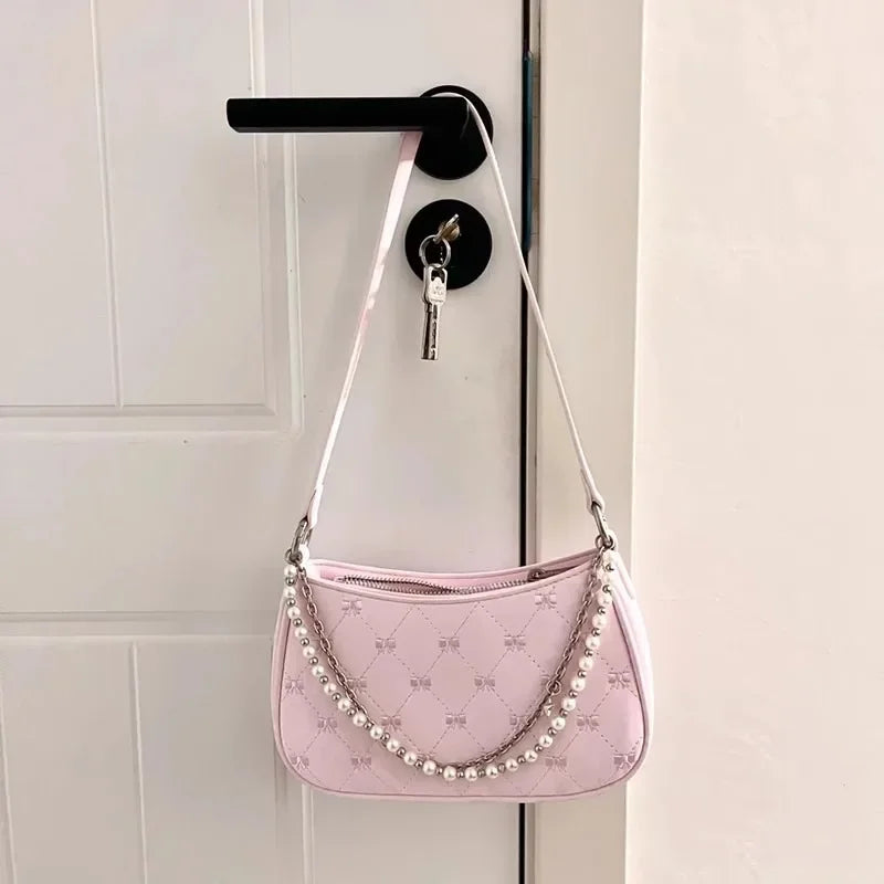 Women's Shoulder Bag | Elegant Cute Bow Pearl Chains & Embroidery Handbag (Casual Leather Korean Fashion Female Handbag)