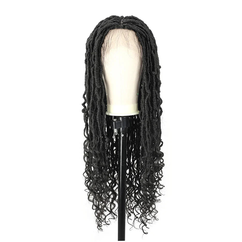 Goddess Faux Locs Crochet Wigs Synthetic Dreadlock Lace Twist Wig with Wave Curly End Lace Faux Locs Braided Wigs with Baby Hair