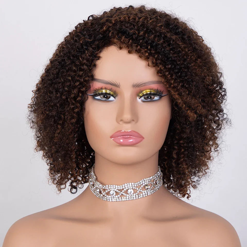 Ombre Highlight Afro Kinky Curly Human Hair Bob Wig | Full Machine Made Brazilian Remy