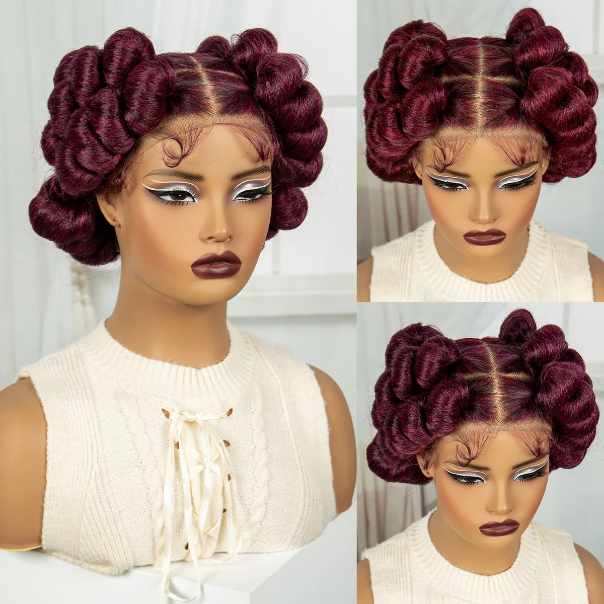 6" Short Cute Burgundy Bantu Knotless Braids Wig | Transparent Full Lace