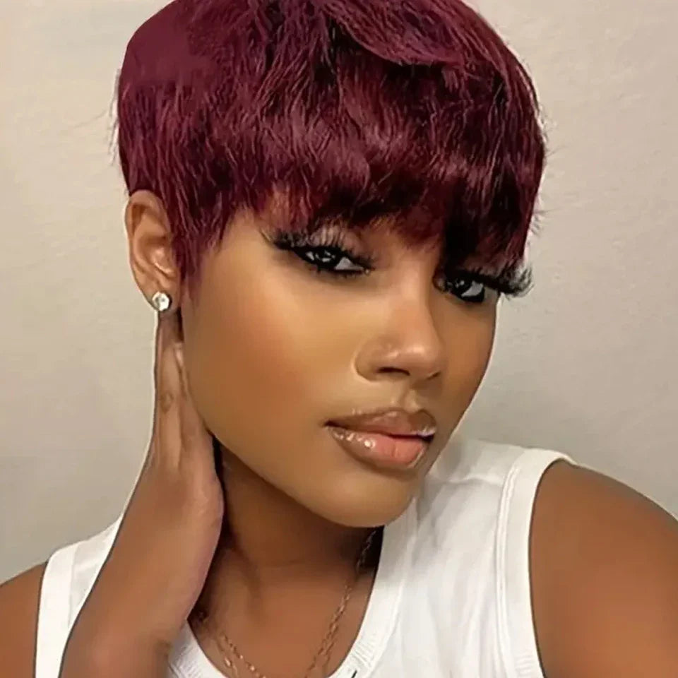 Grey & Natural Black Pixie Cut Wig with Bangs | Remy Human Hair Full Machine Made