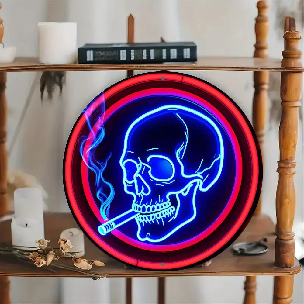 Stand out Aluminum Neon Skull Sign. Round, Cigarette Wreath.Ideal Wall Art for Kitchen, Office, Garden. Great for Festive Decor