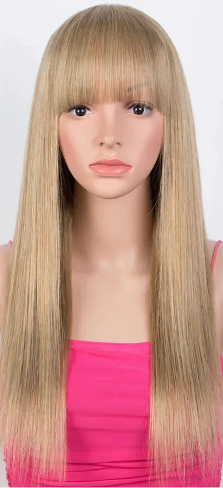 Dirty Pink Straight Human Hair Wig with Bangs | Full Machine Made Brazilian Remy for Women (Wear & Go)