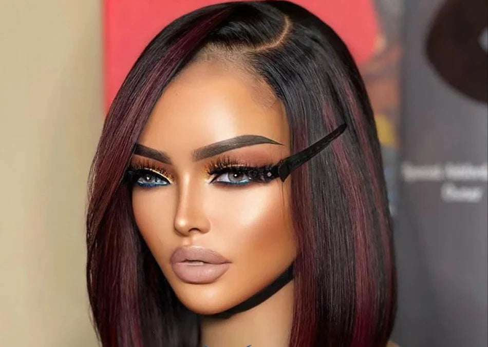 Burgundy Highlight Straight Bob Wig | 5.5x4.5 PU Silk Top Lace Closure Brazilian Human Hair (Glueless, Side Part)