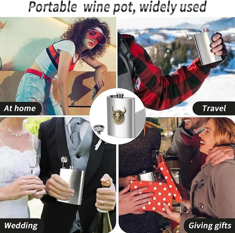 6 oz Stainless Steel Hip Flask with Bull Totem Wine Pot Portable Hip Flask Travel Alcohol Liquor Bottle