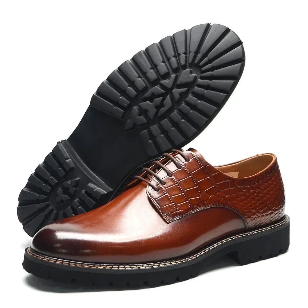 Designer Men's Genuine Leather Casual Derby Shoes | Crocodile Print Business & Social Sneakers (Height Increasing)