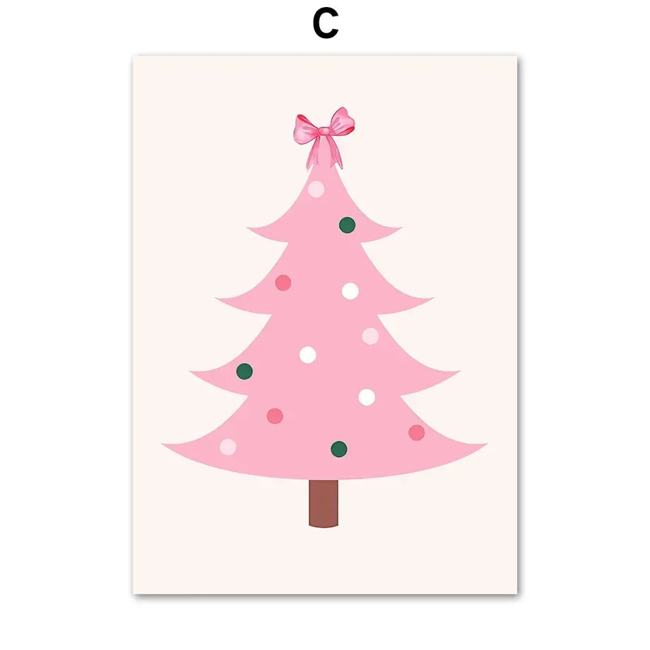 Modern Simple Wall Art Pink Christmas Tree Father Christmas HD Canvas Print Poster Home Living Room Bedroom Decoration