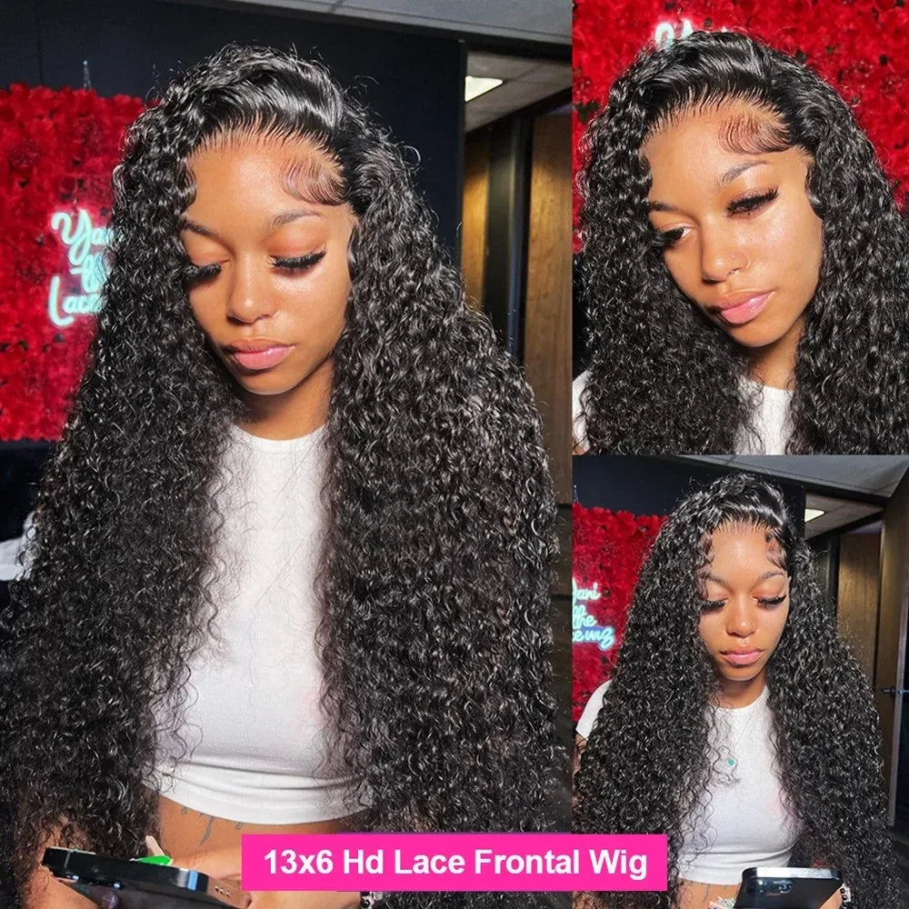 Deep Curly 13x6 HD Lace Frontal Wig | Water Wave Human Hair Wig 13x4 HD Lace Frontal Wigs for Women (Brazilian Remy Black Color)